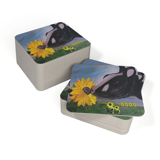 Farmhouse Coasters Set, Sunflower Cow Art Coasters, Rustic Kitchen Decor, Gift for Farmers, Barware Accessories, Floral Home Decor