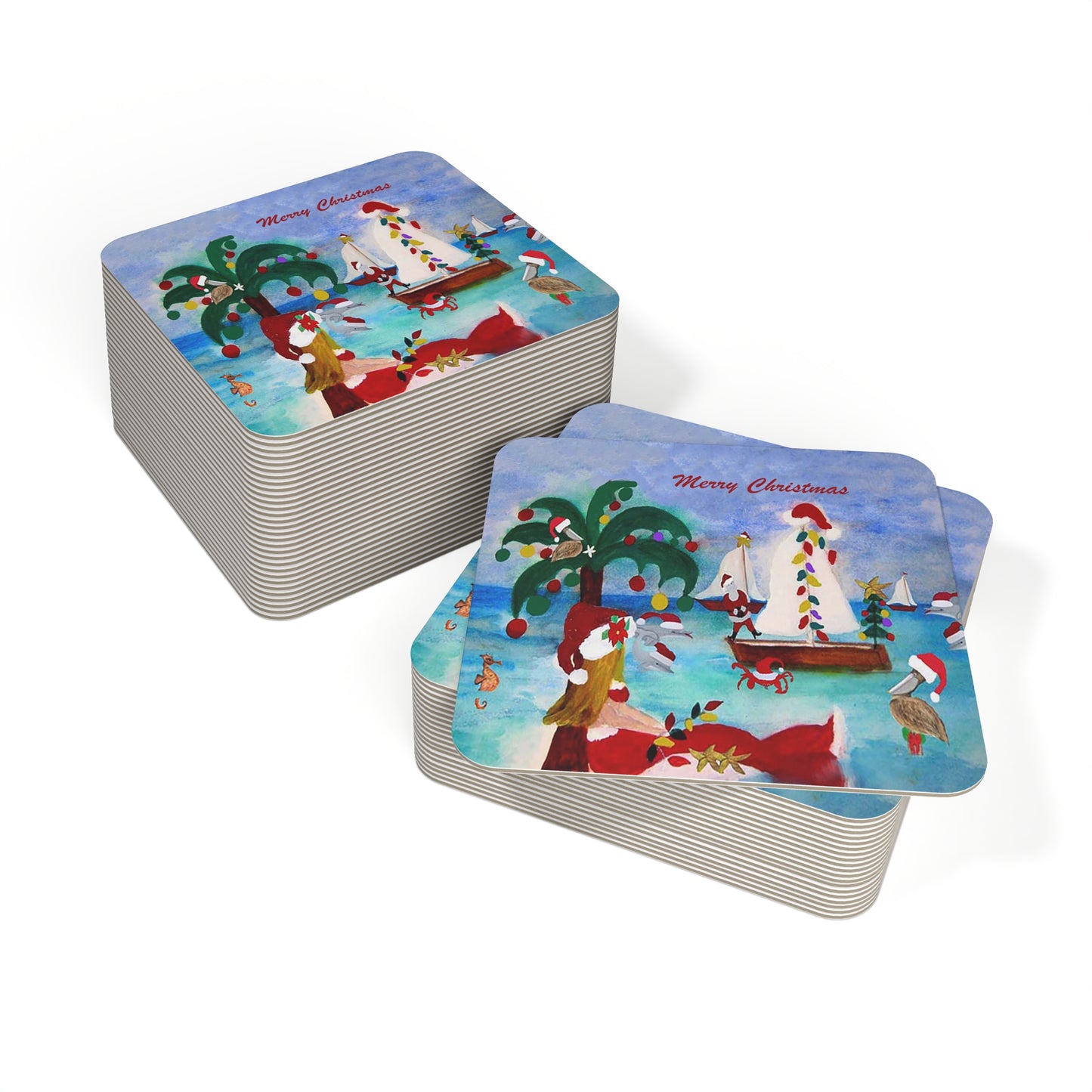 Christmas nautical boat parade with Santa mermaid Holiday party Coasters Set Hardboard (50 or 100 pcs) Size 4 x 4 inches.