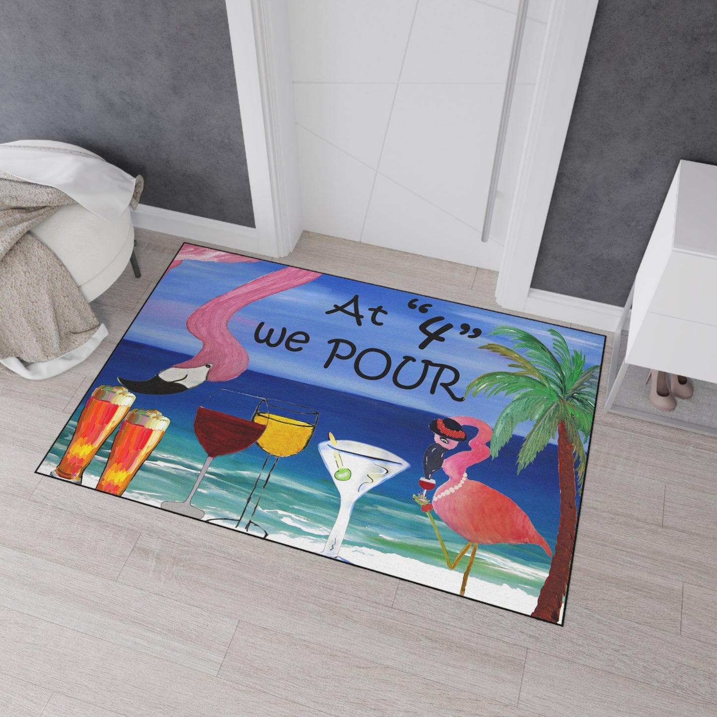 Floor Mat - Flamingo Bar At Four We Pour Funny Tropical Theme Coastal Door Mat, 5 Sizes Available