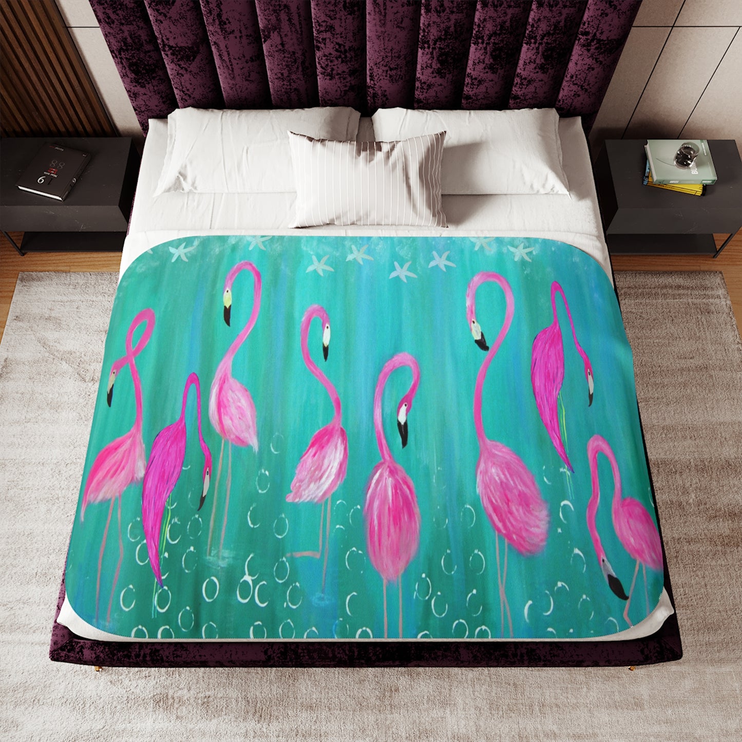 Flamingos wildbird tropicalSherpa Blanket, Coastal pink flamingos on aqua Design