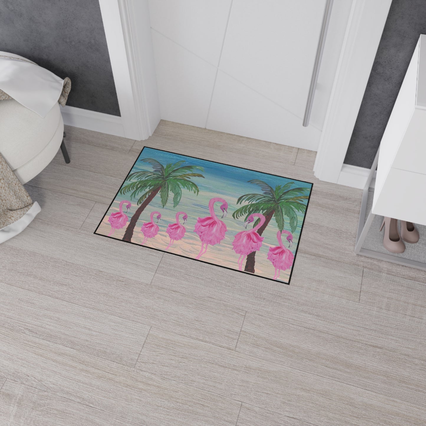 Floor Mat - Flamingo and Palm Trees Coastal Beach Tropical Home Rug with Non-Skid Backing