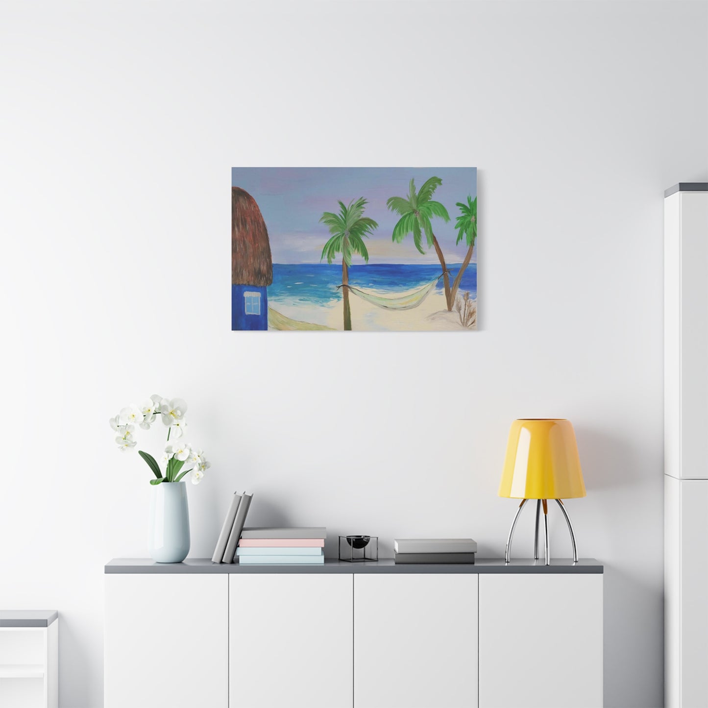 Tropical Beach Canvas Wall art of tiki hut and hammock on the beach.