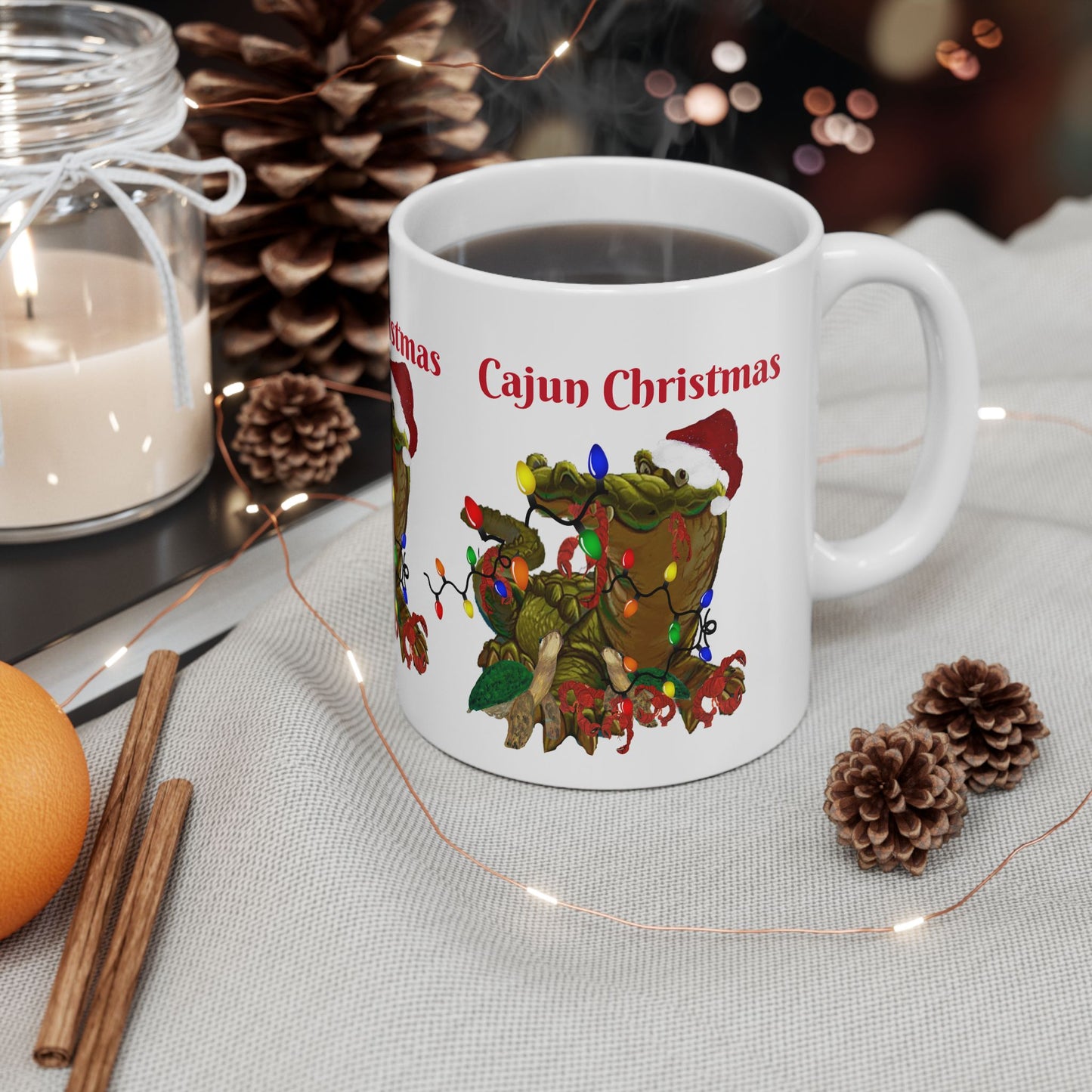 Cajun Christmas on the bayou Santa alligator Ceramic Mug (11oz, 15oz) - Coastal Holiday Coffee Cup - Great Christmas Gift